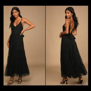 Lulu's Made to be Magical Black Dotted Tie-Back Tiered Midi Dress Sz S